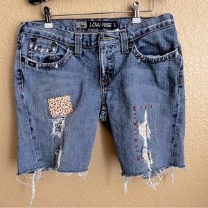 Cruel Girl Slim Low Rise Distressed Patch Denim Shorts